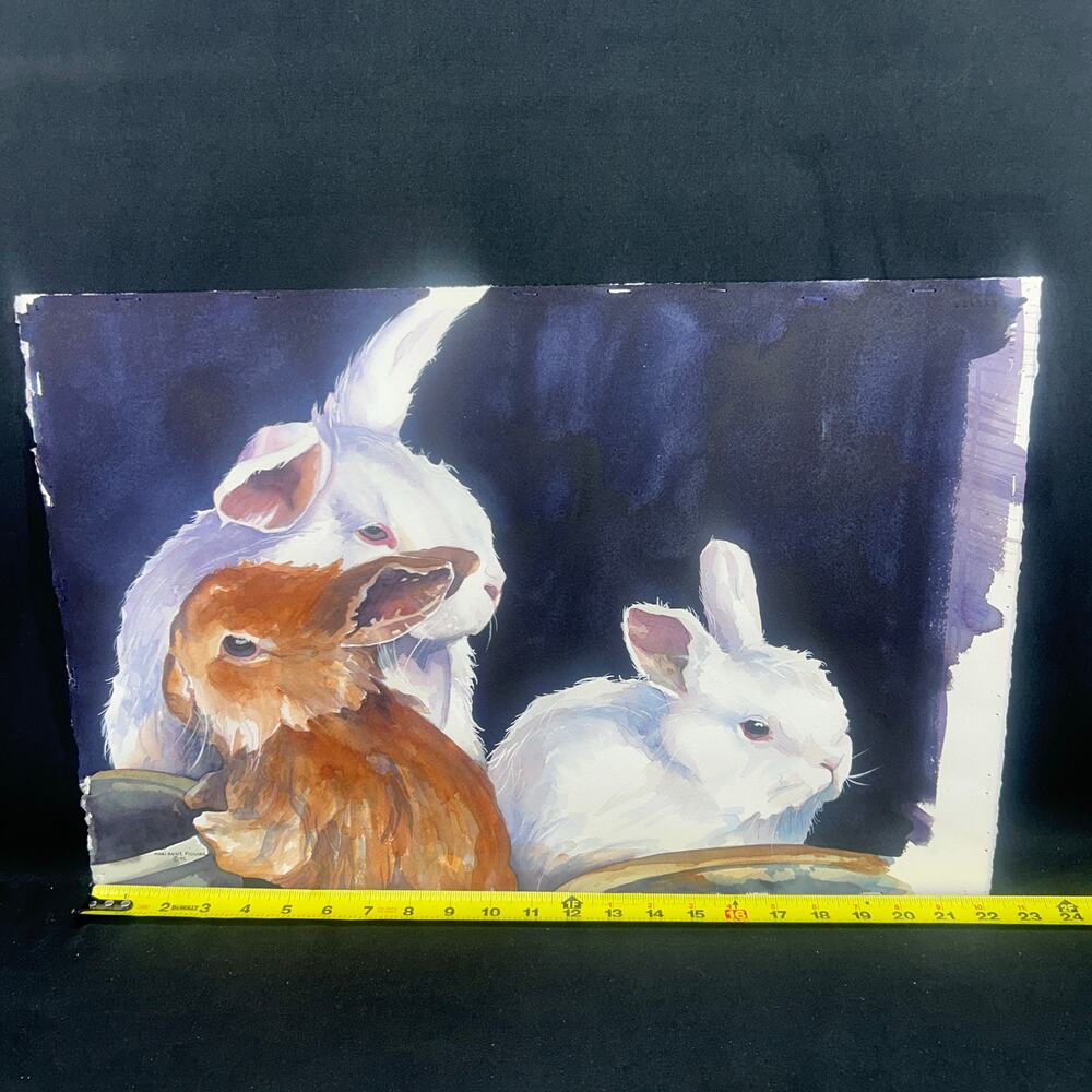 Vtg 1995 Mari Anne Figgins Watercolor Bunnies/Rabbits‎ 15 x 22.25"